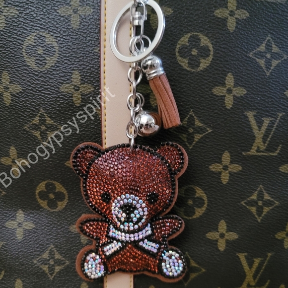 Bling Teddy Bear Crystal Rhinestone Keychain Bag Charm With Brown Tassel - Picture 9 of 11